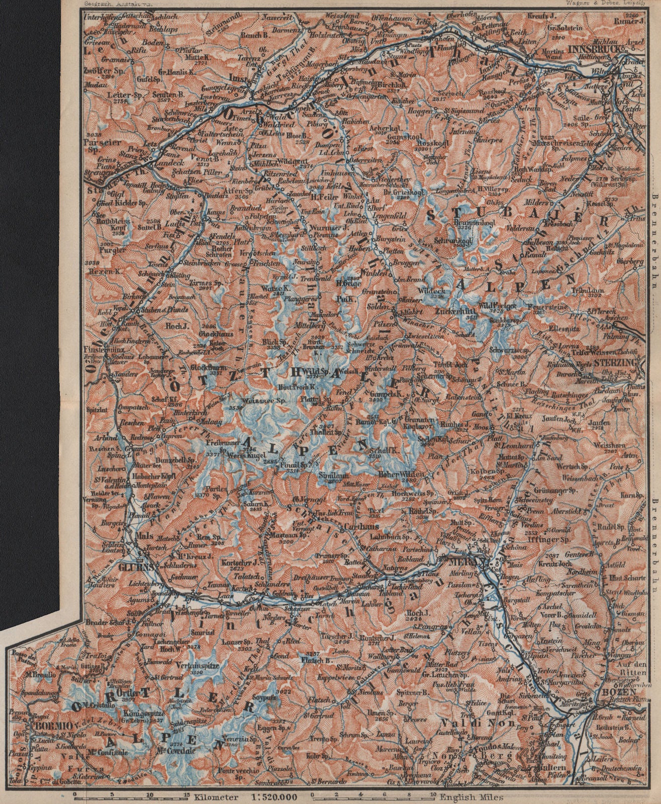TYROL/ UPPER INNTHAL ÖTZTHALER ORTLER STUBAIER ALPEN topo-map. Austria 1905